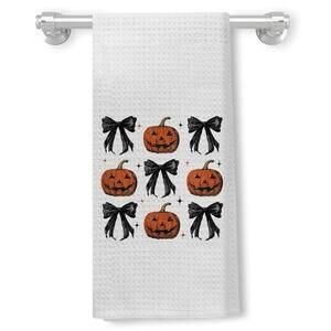 Halloween Kitchen Hand Towels Black Pumpkin & Coquette Bow